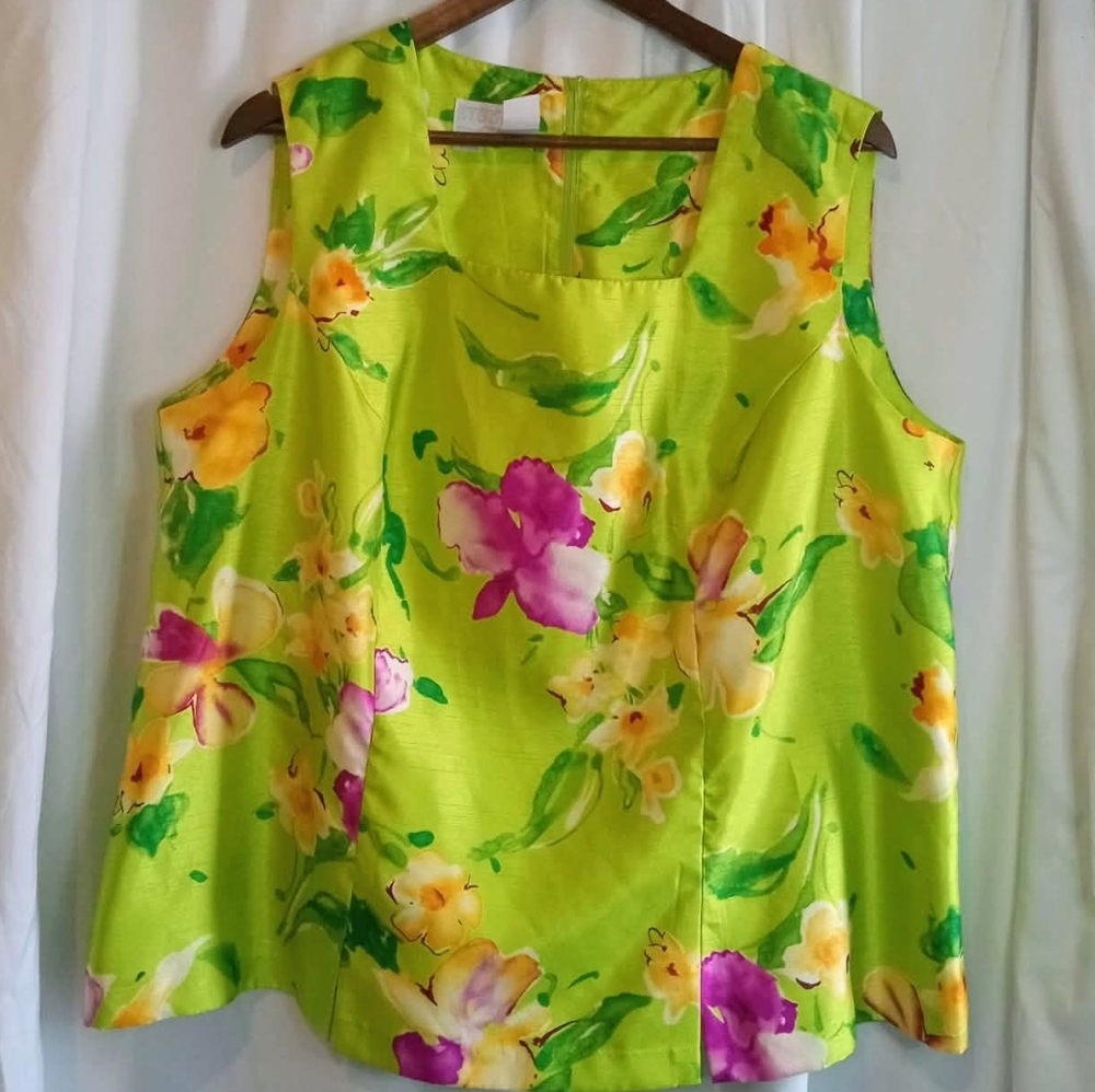 Pantsuit Studio C Bright Lime Floral  Pants Slacks 20 Plus Sleeveless Tank Top